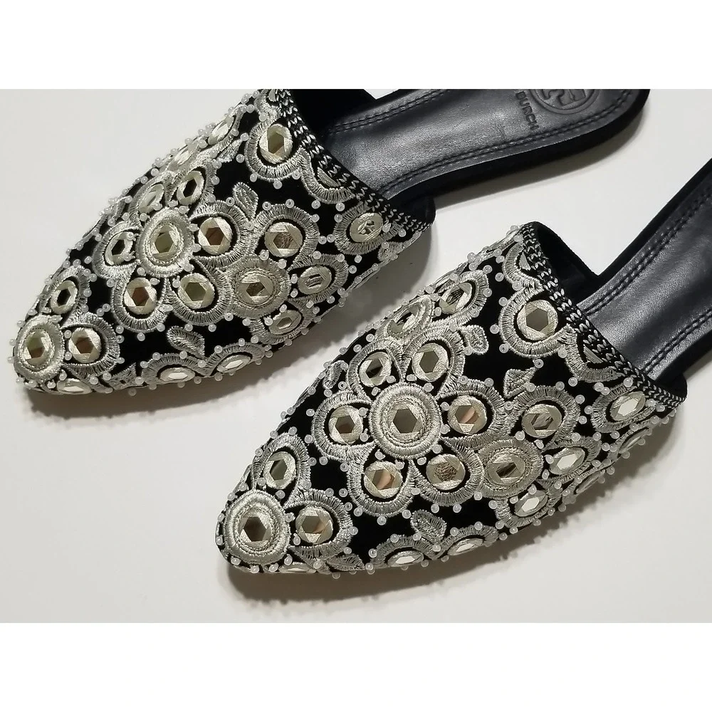 Tory Burch Elora Slide Black Suede Mirror Embroidery Flat Mule Slipper 6 $378